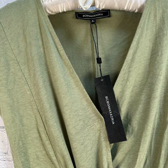 BCBGMAXAZRIA Women's Relaxed Linen Knot‎ Front Wrap V Neck Top, Size XXS, Green - Picture 6 of 12